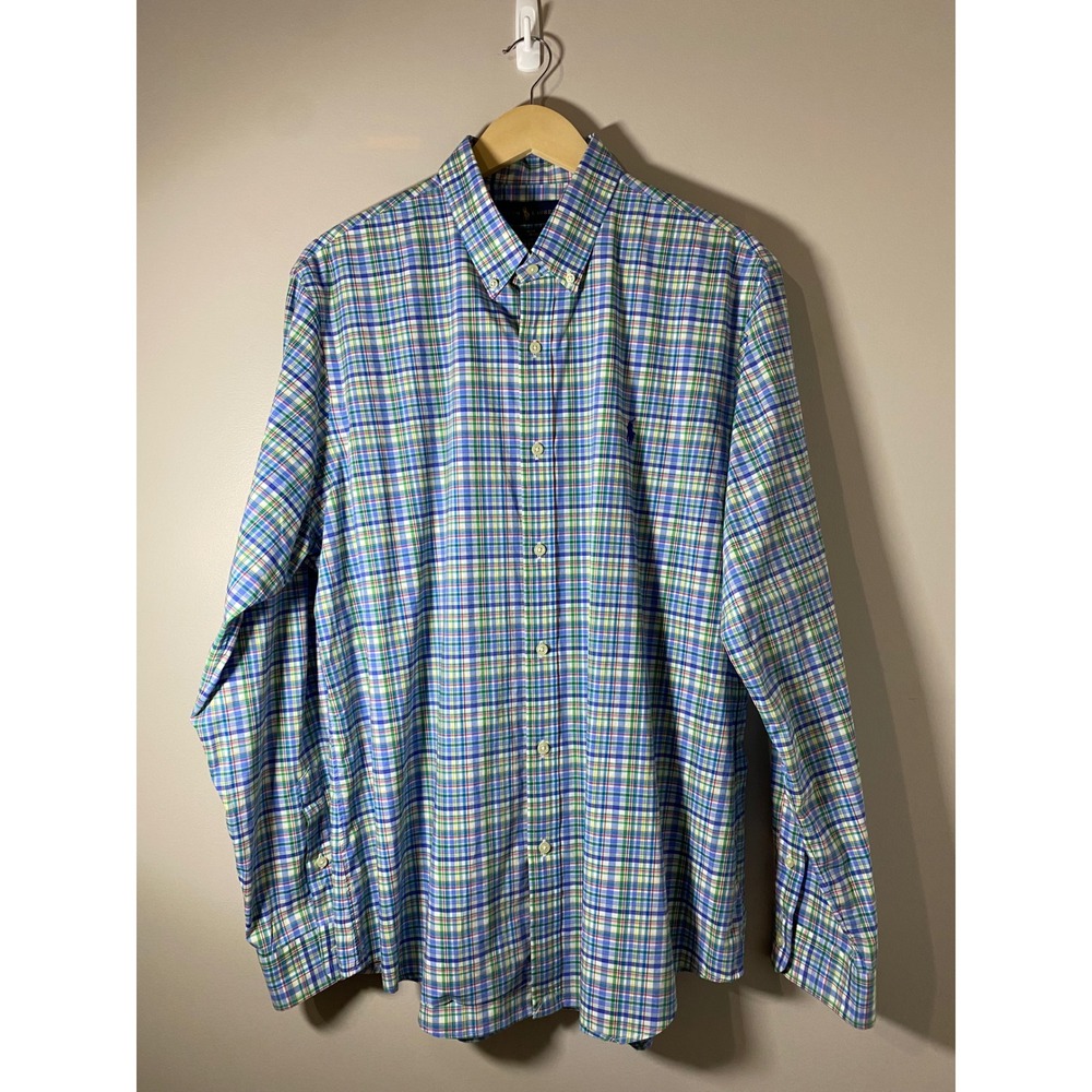 Ralph Lauren EUC Mens XL Slim Fit Plaid Button‎ Down Shirt 100% Cotton Stretch